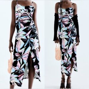 NWT Zara linen blend tropical print corset floral black dress, large